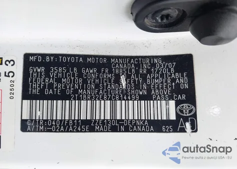 2007 Toyota Corolla Le from USA, damaged, VIN 2T1BR32E87C814499